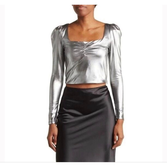 Torn by Ronny Kobo Selina Metallic Long Sleeve Ruched Crop Top SZ S - Picture 3 of 6